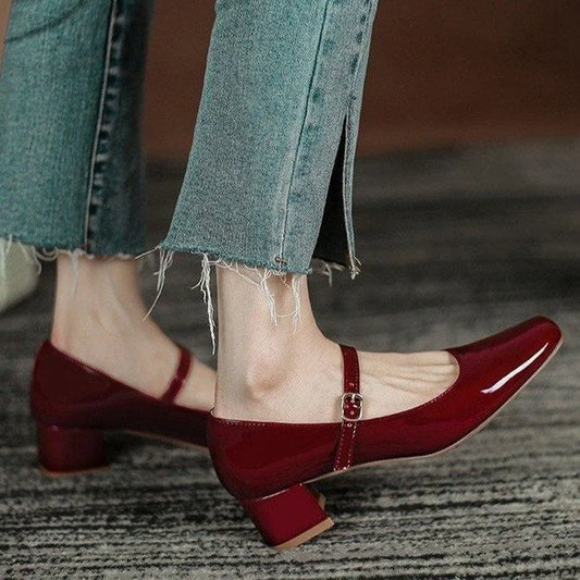 New Women's Red Black Mary Janes Shoes High Quality Leather Low Heel Dress Shoes Square Toe Shallow Buckle Strap Women's Shoes