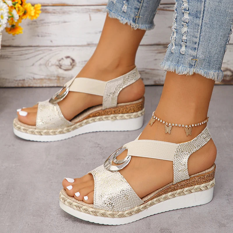 Metal Decoration Women's Wedges Sandals 2024 Summer Snake Print Platform Gladiator Shoes Woman Comfort Casual Med Heels Sandals