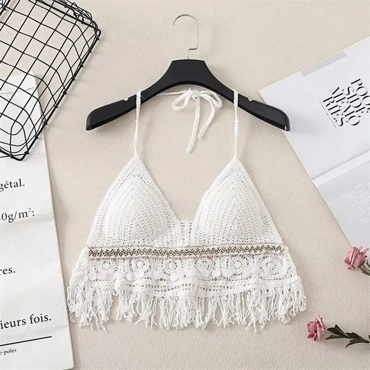 Sexy Hollow Out Underwear Women Summer Beach Short Tank Top Women Sweet Knitted Bra Tassel Women Short Top Debardeur Femme