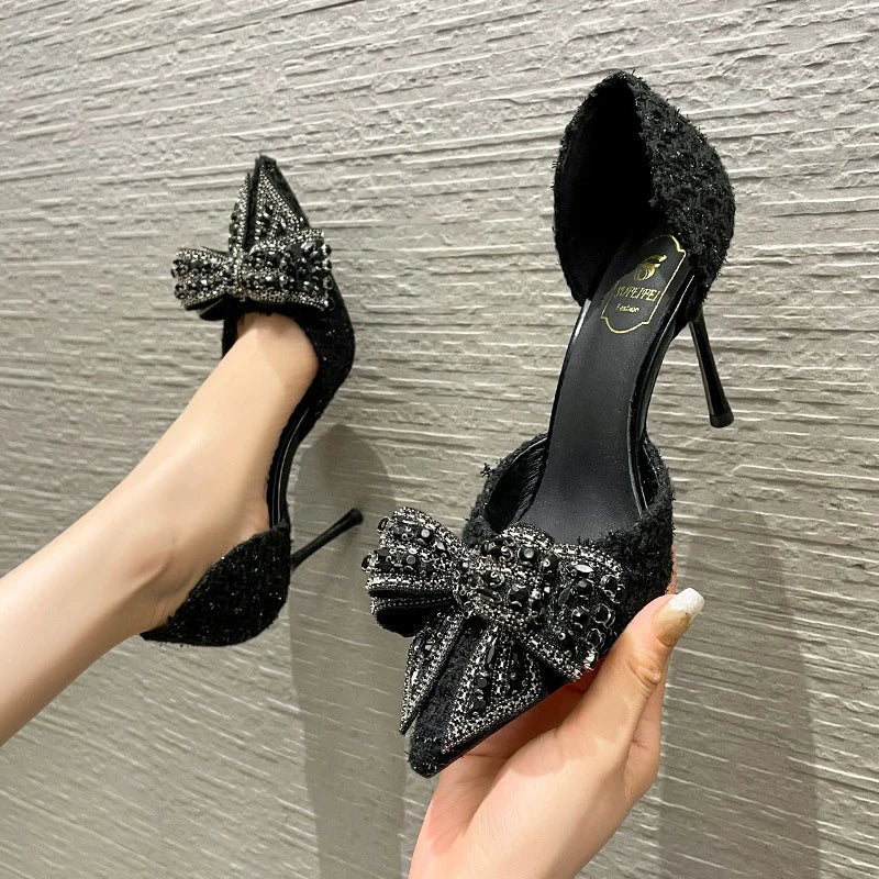 Luxury Pearl Crystal Bowtie White Wedding Shoes Women 2024 Spring Brand Designer High Heels Pumps Woman Thin Heeled Party Shoes