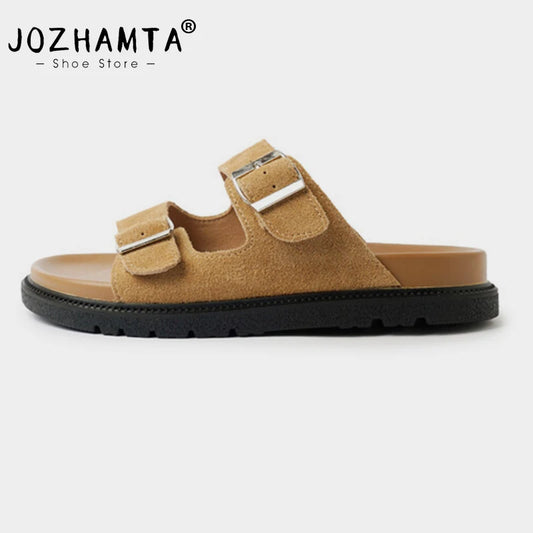 JOZHAMTA Size 35-40 Women Flats Slides Slippers Real Leather Low Heels Summer Shoes 2024 Ins Fashion Casual Beach Daily Dress