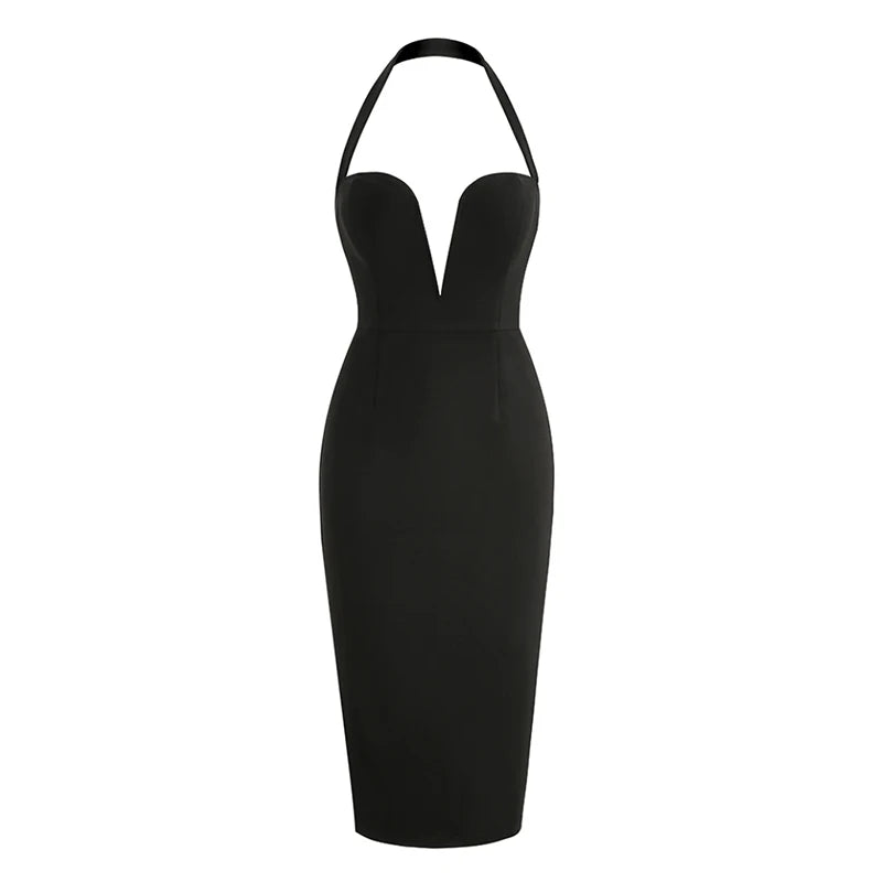 Women New Summer Backless Halter Midi Bandage Dress Sleeveless Black Deep V Neck Bodycon Sexy Elegant Evening Nightclub Party Dr