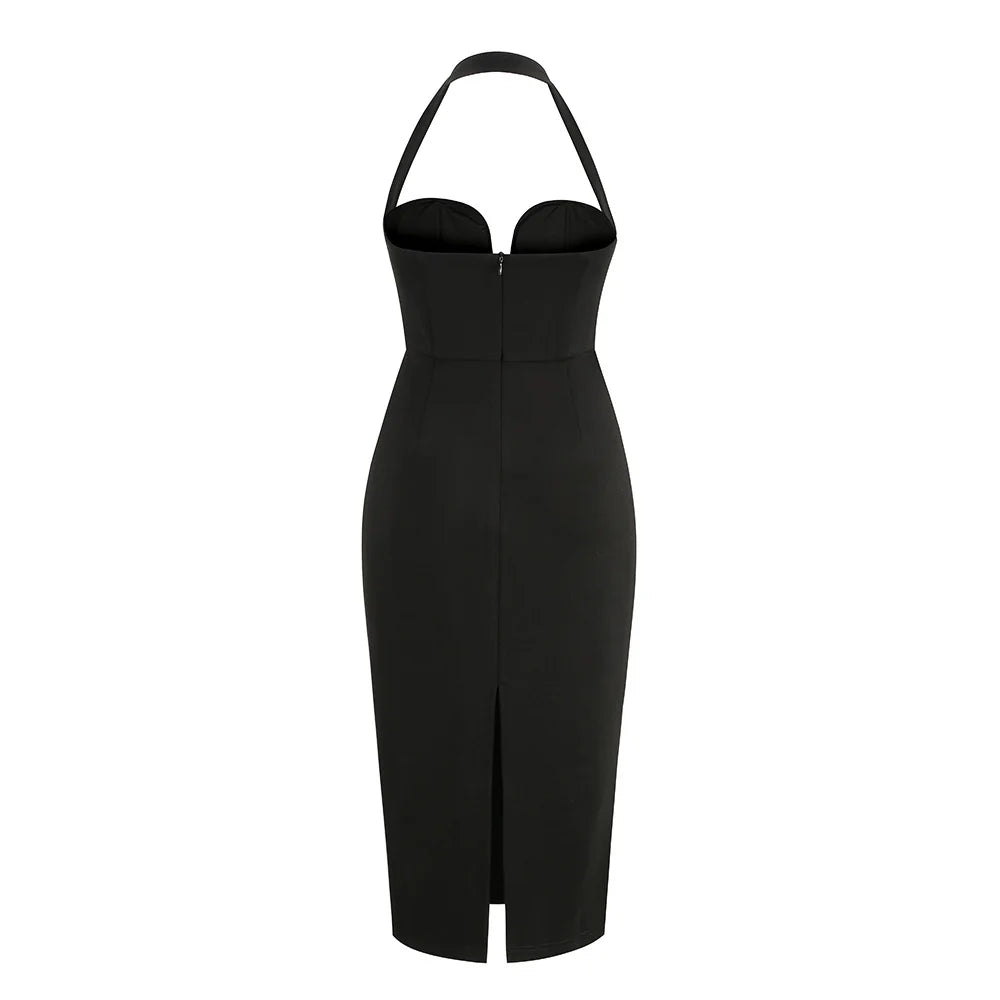 Women New Summer Backless Halter Midi Bandage Dress Sleeveless Black Deep V Neck Bodycon Sexy Elegant Evening Nightclub Party Dr